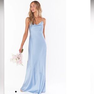 Show Me Your Mumu Tuscany Maxi Steel Blue Luxe Satin Bridesmaid Dress